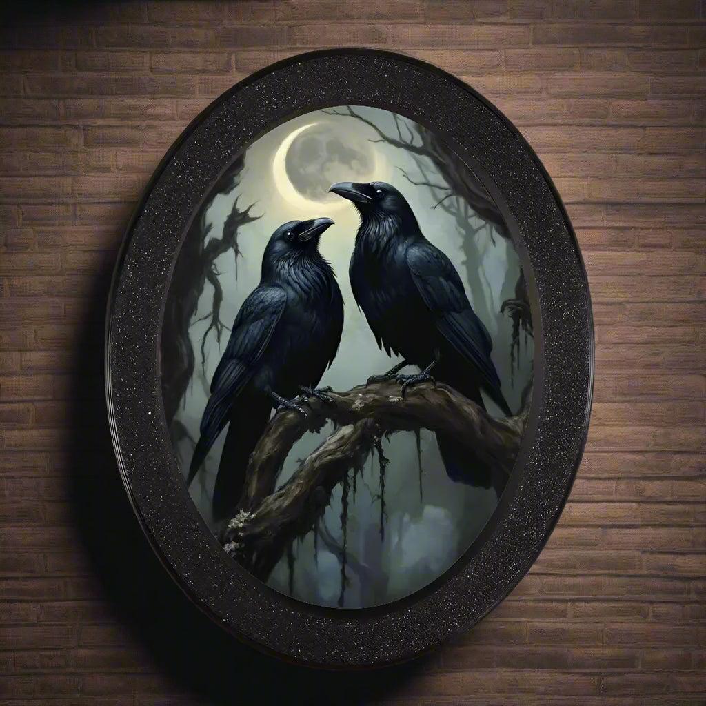 Moonlit Black Crows Wall Art - Witchy Raven Gothic Wooden Oval Frame Halloween Wall Decoration-MoonChildWorld
