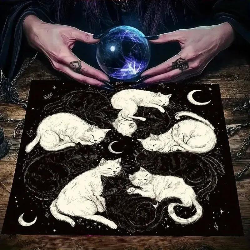 Moonlit Black and White Cat Wicca Altar Cloth - Witchy Tarot Tablecloth for Reading Divination Pagan Home Decor-MoonChildWorld