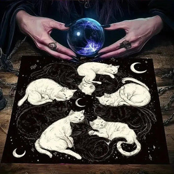 Moonlit Black and White Cat Wicca Altar Cloth - Witchy Tarot Tablecloth for Reading Divination Pagan Home Decor-MoonChildWorld