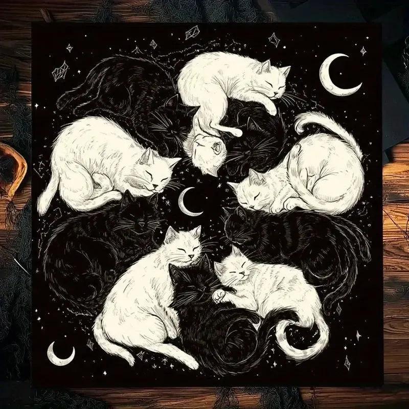 Moonlit Black and White Cat Wicca Altar Cloth - Witchy Tarot Tablecloth for Reading Divination Pagan Home Decor-MoonChildWorld