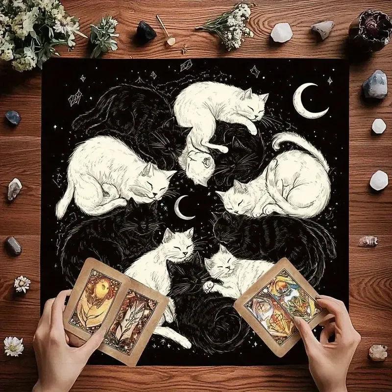 Moonlit Black and White Cat Wicca Altar Cloth - Witchy Tarot Tablecloth for Reading Divination Pagan Home Decor-MoonChildWorld
