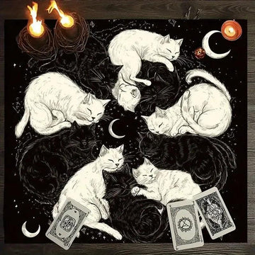 Moonlit Black and White Cat Wicca Altar Cloth - Witchy Tarot Tablecloth for Reading Divination Pagan Home Decor-MoonChildWorld