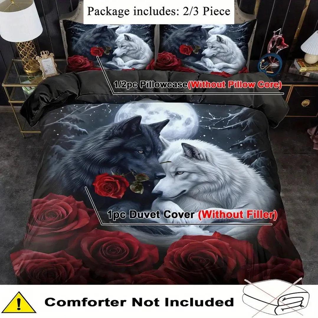 Moonlit Black and White Wolf Duvet Cover Set - Wolves Gothic Bedding Set Witchy Home Decor-MoonChildWorld