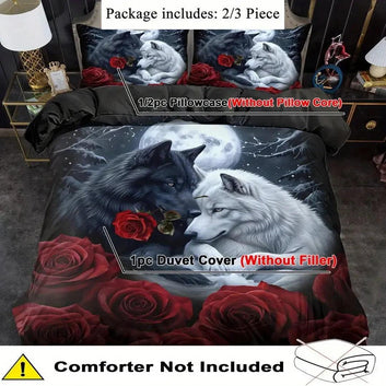 Moonlit Black and White Wolf Duvet Cover Set - Wolves Gothic Bedding Set Witchy Home Decor-MoonChildWorld