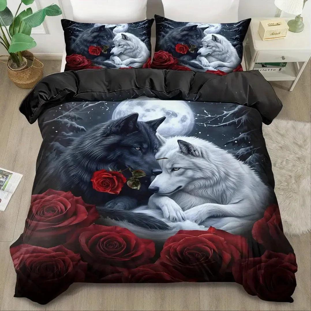 Moonlit Black and White Wolf Duvet Cover Set - Wolves Gothic Bedding Set Witchy Home Decor-MoonChildWorld