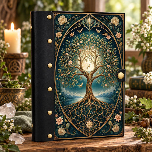 Moonlit Botanical Tree of Life Journal - Druid Pagan Grimoire on a candlelit pagan ritual altar