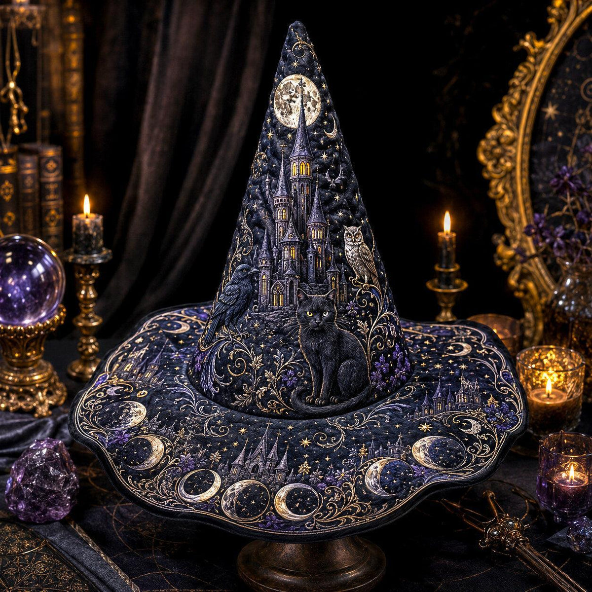 Moonlit Castle Witch Hat – Black Cat Owl Celestial Brim Hat – worn, front view