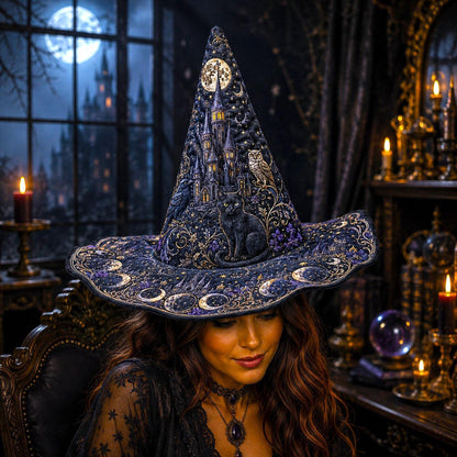 Moonlit Castle Witch Hat – Black Cat Owl Celestial Brim Hat – quilting and print detail