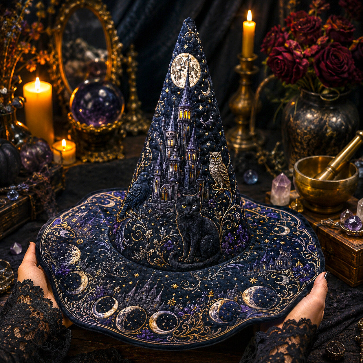 Moonlit Castle Witch Hat – Black Cat Owl Celestial Brim Hat – on an altar table