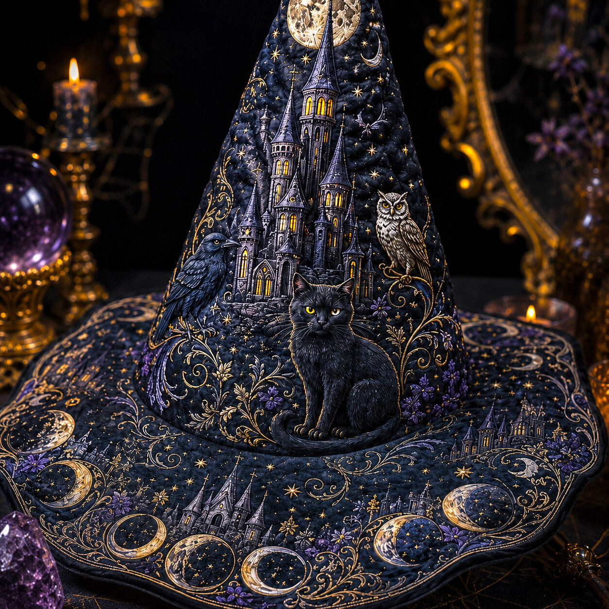 Moonlit Castle Witch Hat – Black Cat Owl Celestial Brim Hat – styled with candles and crystals