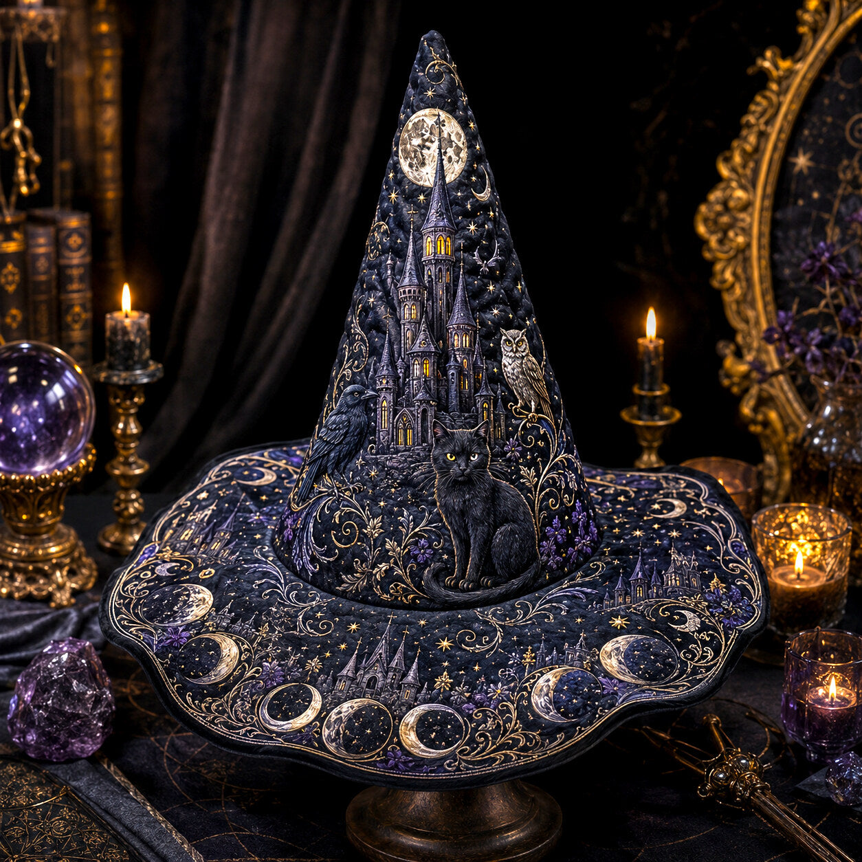 Moonlit Castle Witch Hat – Black Cat Owl Celestial Brim Hat – worn, front view
