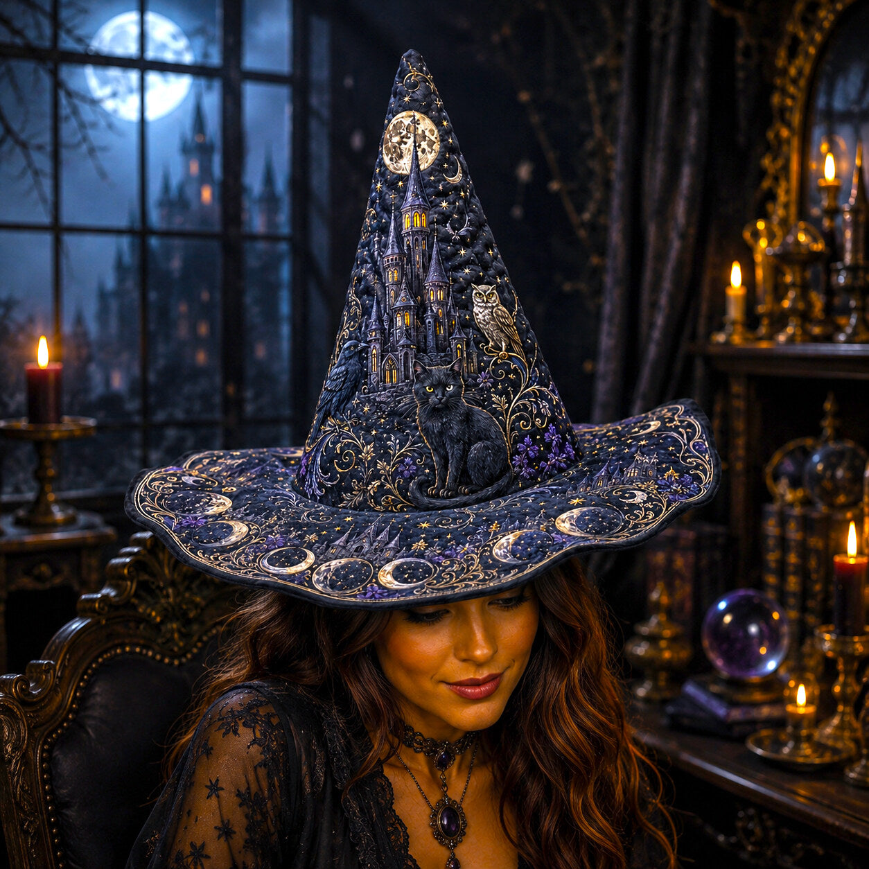 Moonlit Castle Witch Hat – Black Cat Owl Celestial Brim Hat – quilting and print detail