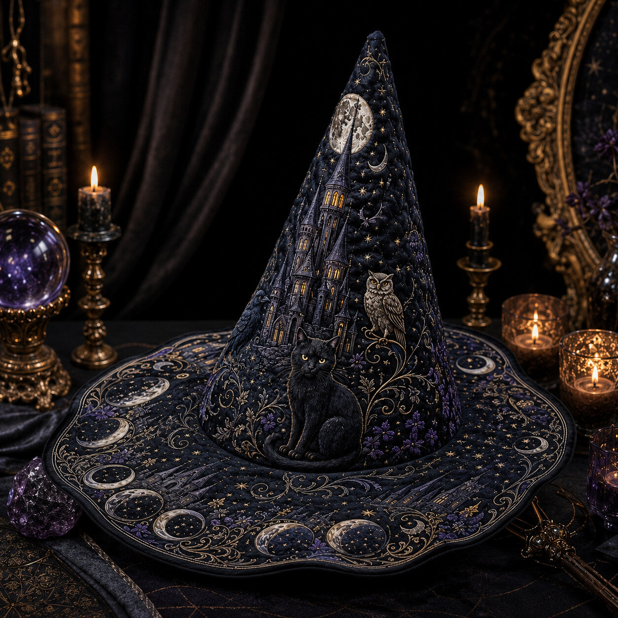 Moonlit Castle Witch Hat – Black Cat Owl Celestial Brim Hat – held in both hands
