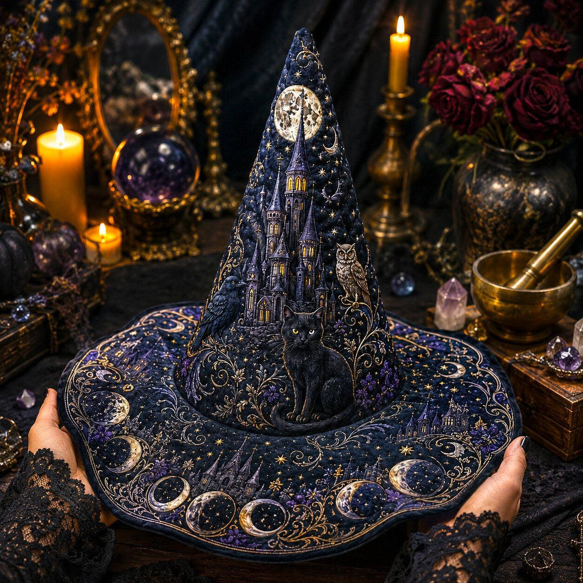 Moonlit Castle Witch Hat – Black Cat Owl Celestial Brim Hat – on an altar table