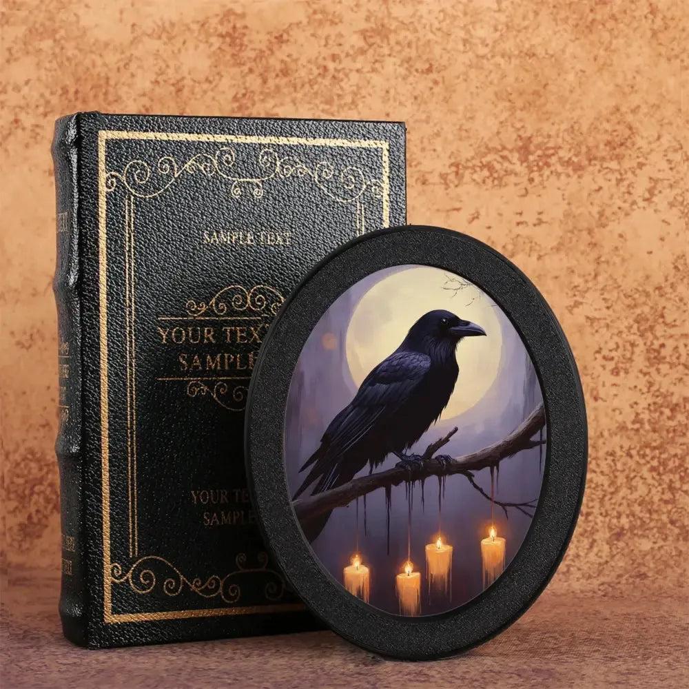 Moonlit Dark Crow Wall Art - Witchy Raven Gothic Wooden Oval Frame Halloween Wall Decor-MoonChildWorld