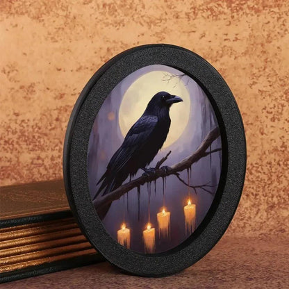 Moonlit Dark Crow Wall Art - Witchy Raven Gothic Wooden Oval Frame Halloween Wall Decor-MoonChildWorld