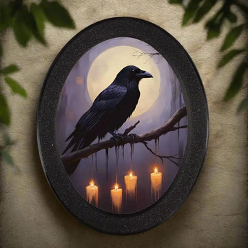 Moonlit Dark Crow Wall Art - Witchy Raven Gothic Wooden Oval Frame Halloween Wall Decor-MoonChildWorld
