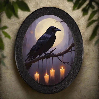 Moonlit Dark Crow Wall Art - Witchy Raven Gothic Wooden Oval Frame Halloween Wall Decor-MoonChildWorld