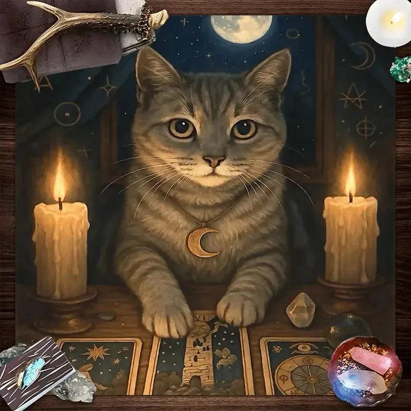 Moonlit Divination Tablecloth Witchy Cat Tarot Tablecloth Wicca Altar Cloth-MoonChildWorld
