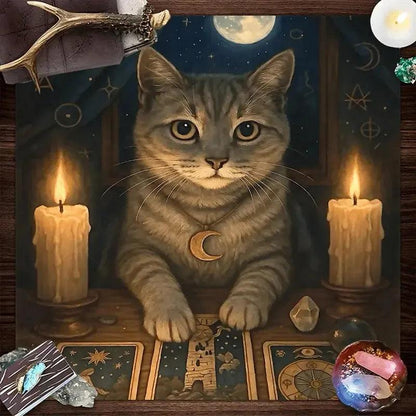 Moonlit Divination Tablecloth Witchy Cat Tarot Tablecloth Wicca Altar Cloth-MoonChildWorld