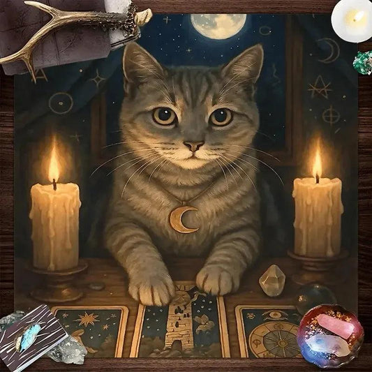 Moonlit Divination Tablecloth Witchy Cat Tarot Tablecloth Wicca Altar Cloth-MoonChildWorld