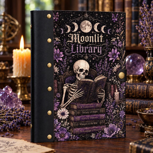 Moonlit Library Skeleton Journal on a candlelit pagan ritual altar