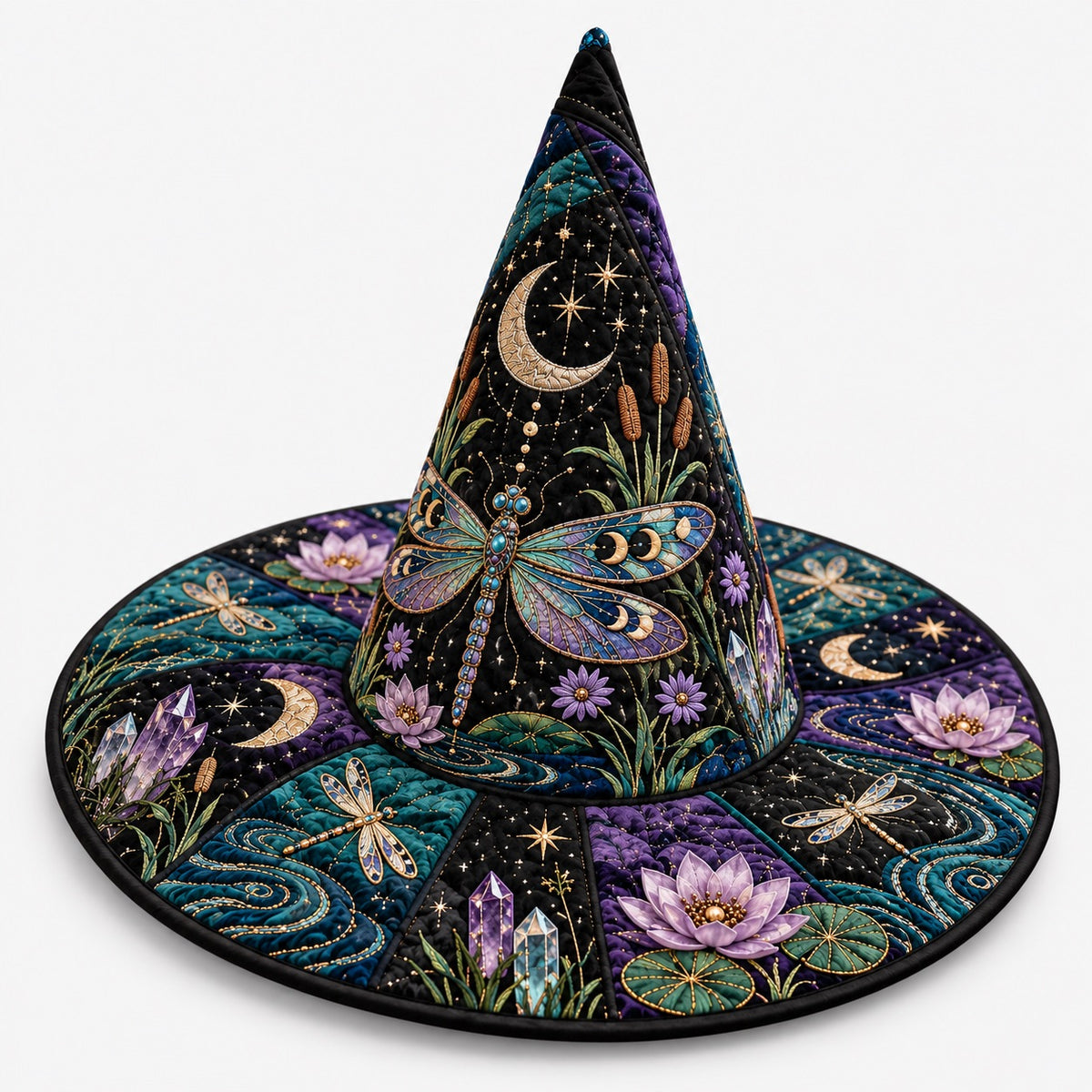 Moonlit Marsh Quilted Witch Hat – Dragonfly Water Lily Brim Hat – studio shot on a white background