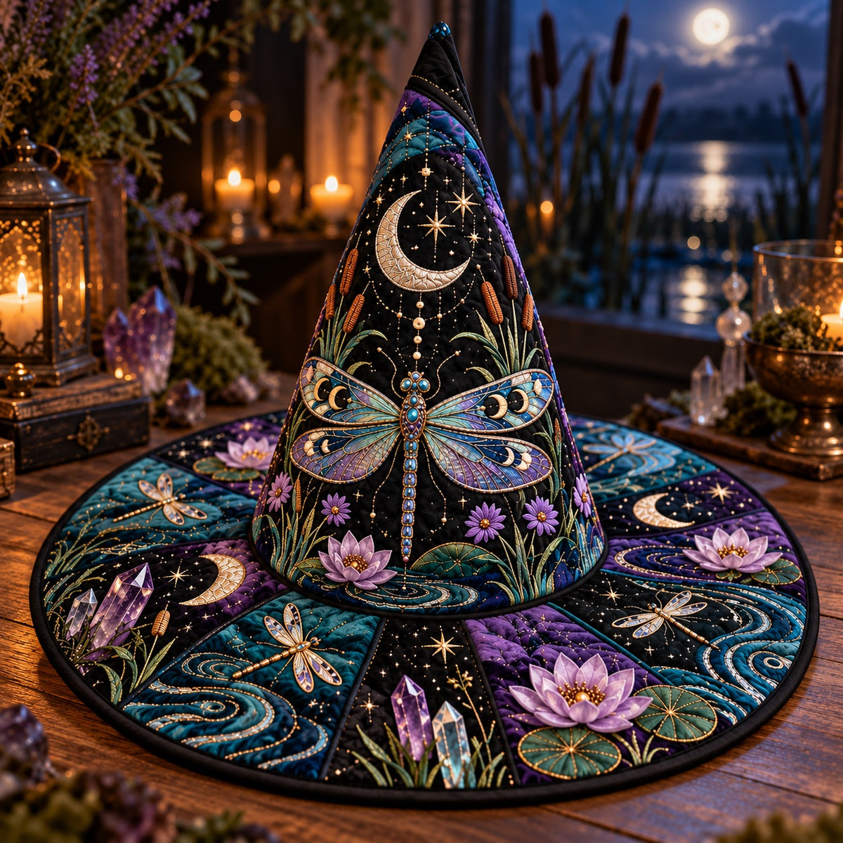 Moonlit Marsh Quilted Witch Hat – Dragonfly Water Lily Brim Hat – styled with candles and crystals