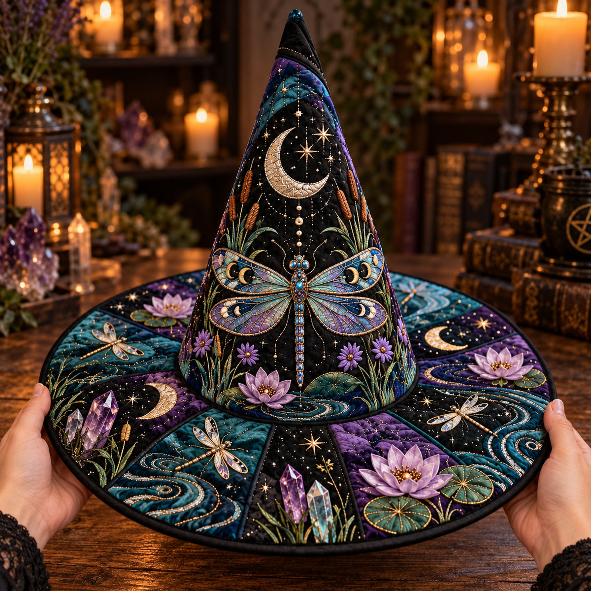 Moonlit Marsh Quilted Witch Hat – Dragonfly Water Lily Brim Hat – held in both hands