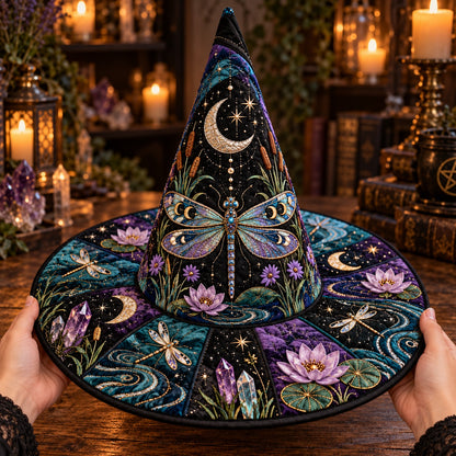 Moonlit Marsh Quilted Witch Hat – Dragonfly Water Lily Brim Hat – held in both hands