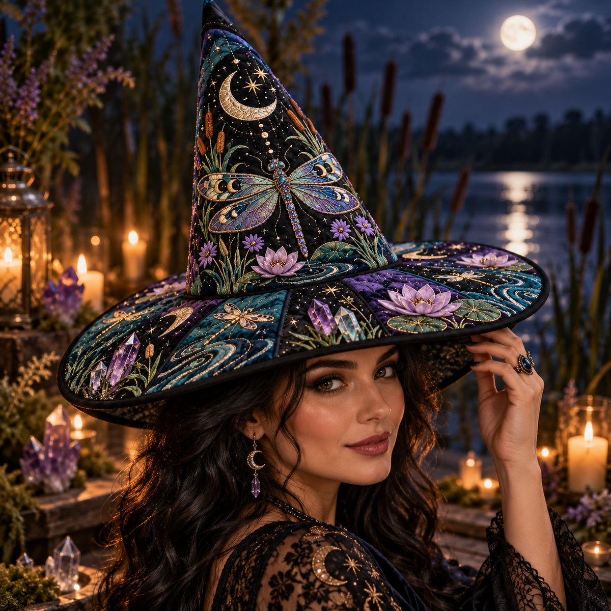 Moonlit Marsh Quilted Witch Hat – Dragonfly Water Lily Brim Hat – worn by a model