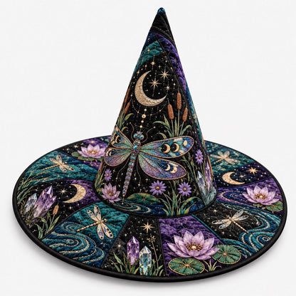 Moonlit Marsh Quilted Witch Hat – Dragonfly Water Lily Brim Hat – worn by a model