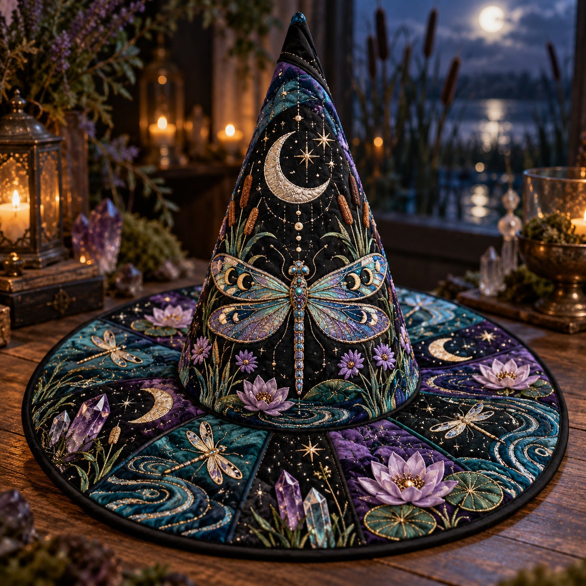 Moonlit Marsh Quilted Witch Hat – Dragonfly Water Lily Brim Hat – on an altar table