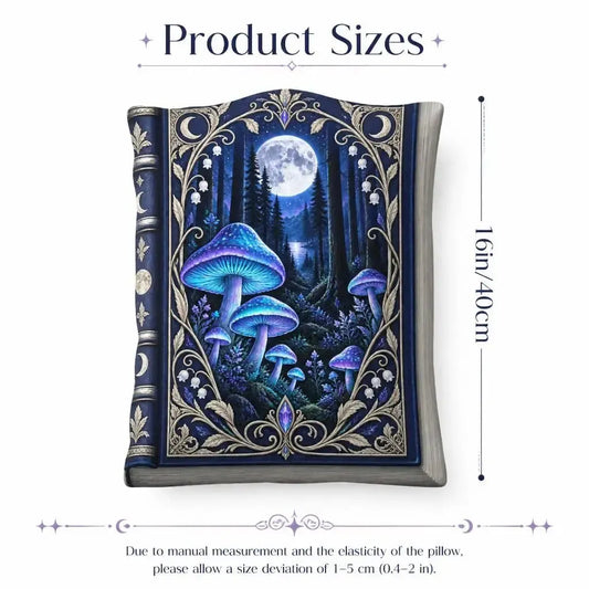 Size guide showing 16 inch / 40 cm: decorative plush pillow featuring moonlit mushroom forest book artwork