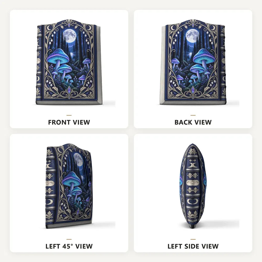 Front, back and side views: decorative plush pillow featuring moonlit mushroom forest book artwork