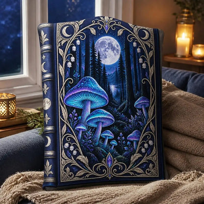 Styled room view: decorative plush pillow featuring moonlit mushroom forest book artwork