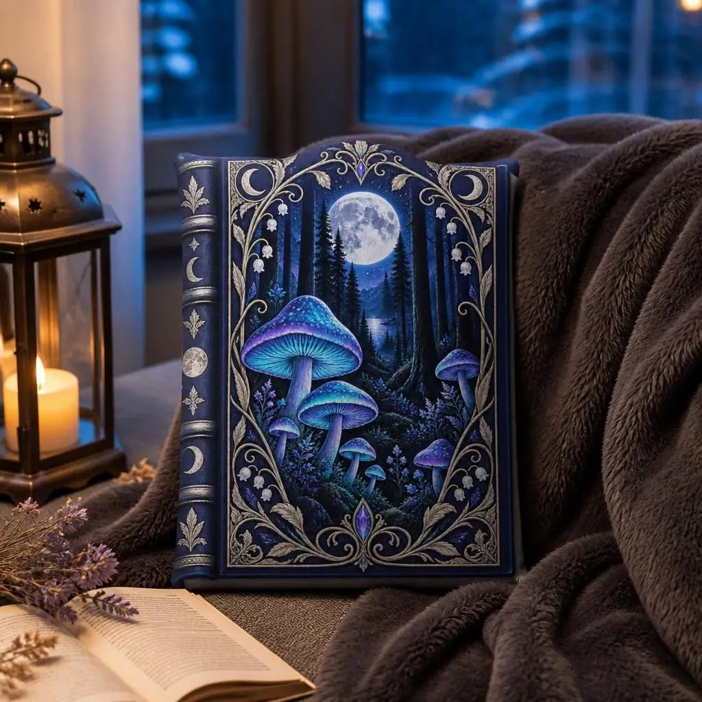 Alternate styled room view: decorative plush pillow featuring moonlit mushroom forest book artwork