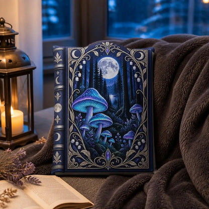 Alternate styled room view: decorative plush pillow featuring moonlit mushroom forest book artwork
