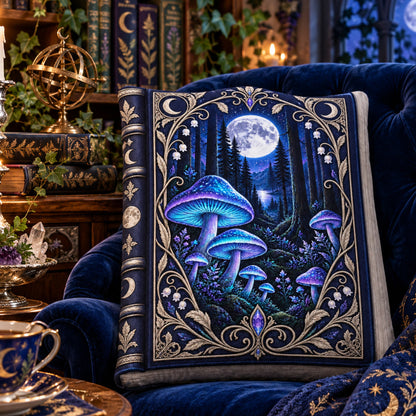 Moonlit Mushroom Forest Book Pillow in a witchy room