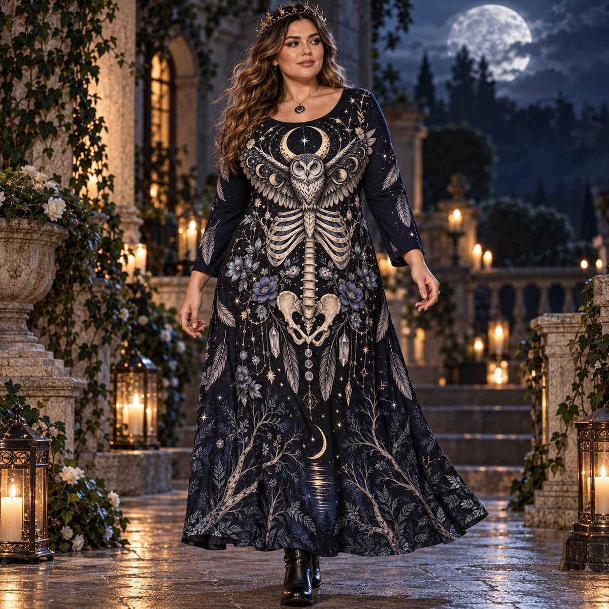 Moonlit Owl Plus Size Witch Dress – Celestial Skeleton Long Sleeve Maxi – worn, in motion