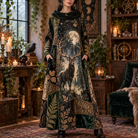 Moonlit Stag Forest Pagan Cowl Neck Dress – Witchy Woodland Maxi – worn, front view