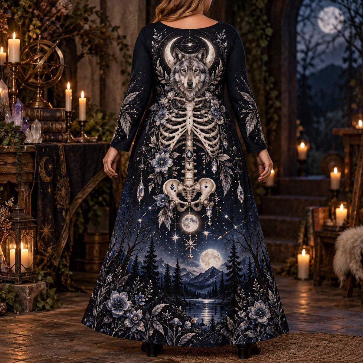 Moonlit Wolf Plus Size Witch Dress – Celestial Skeleton Long Sleeve Maxi – worn, back view