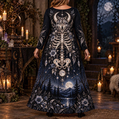 Moonlit Wolf Plus Size Witch Dress – Celestial Skeleton Long Sleeve Maxi – worn, back view