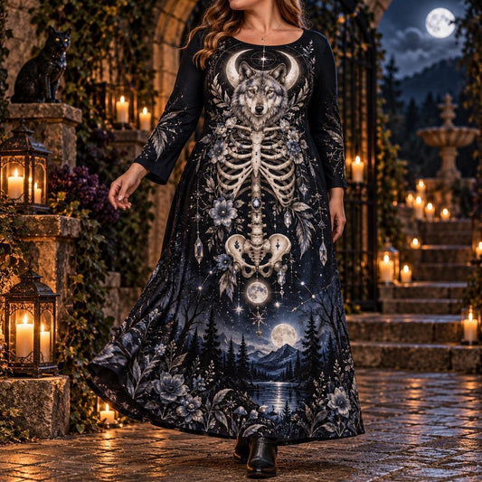 Moonlit Wolf Plus Size Witch Dress – Celestial Skeleton Long Sleeve Maxi – worn, in motion
