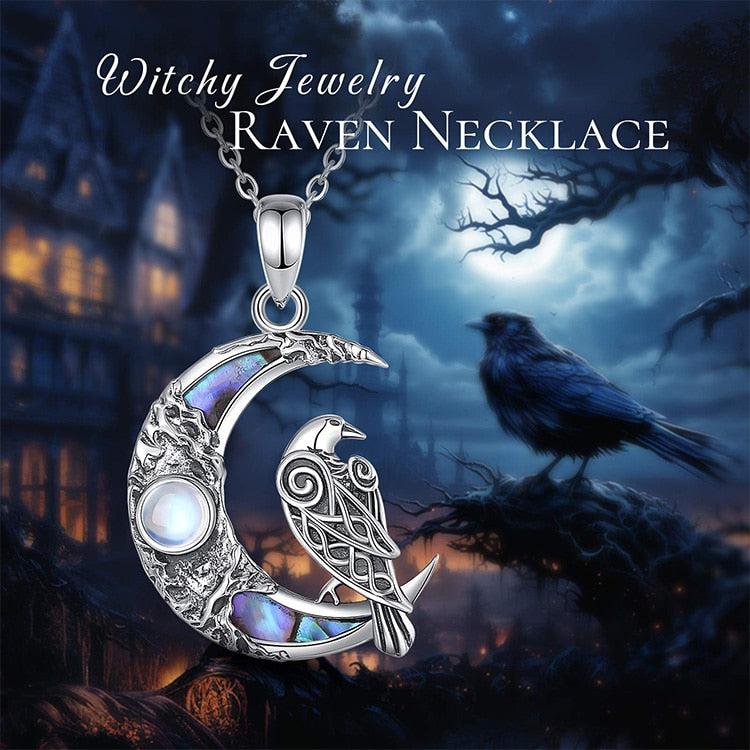 Sterling silver Moonstone Raven Moon Necklace, 19x31mm, with iridescent accents, perfect Witchcraft Jewelry.