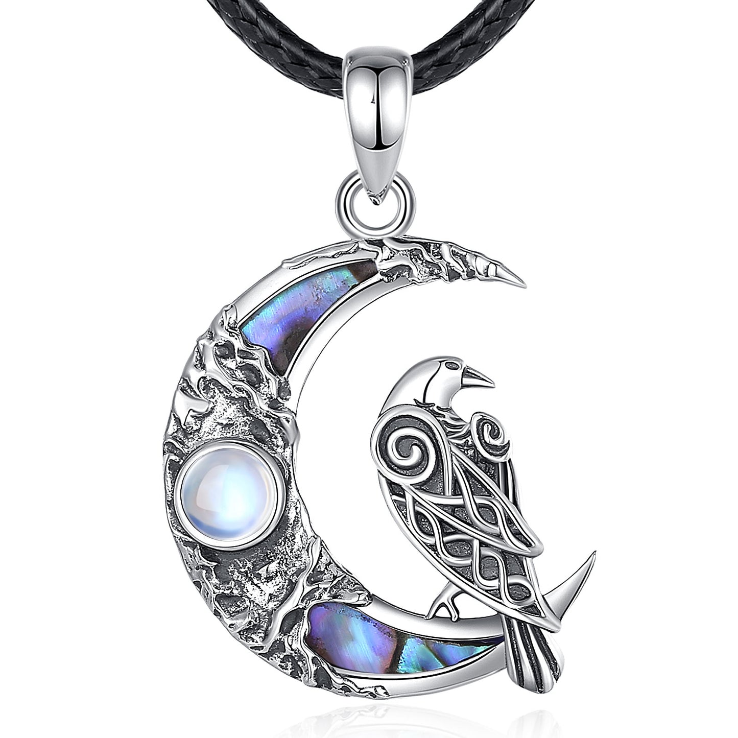 Sterling silver Moonstone Raven Moon Necklace, 19x31mm, with iridescent abalone and a black leather cord.