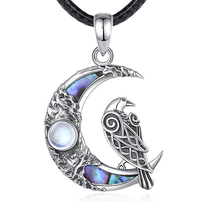 Sterling silver Moonstone Raven Moon Necklace, 19x31mm, with iridescent abalone and a black leather cord.