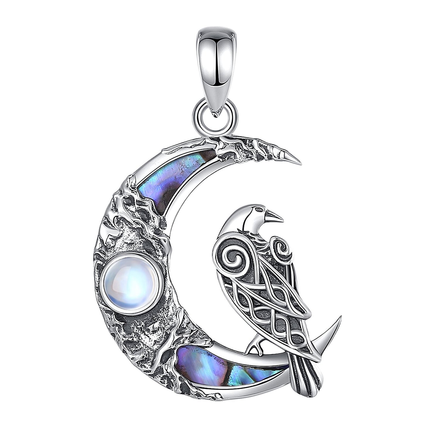 Exquisite sterling silver Moonstone Raven Moon Necklace with iridescent abalone inlay.