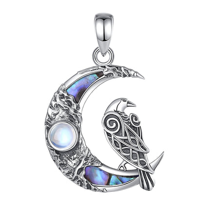Exquisite sterling silver Moonstone Raven Moon Necklace with iridescent abalone inlay.