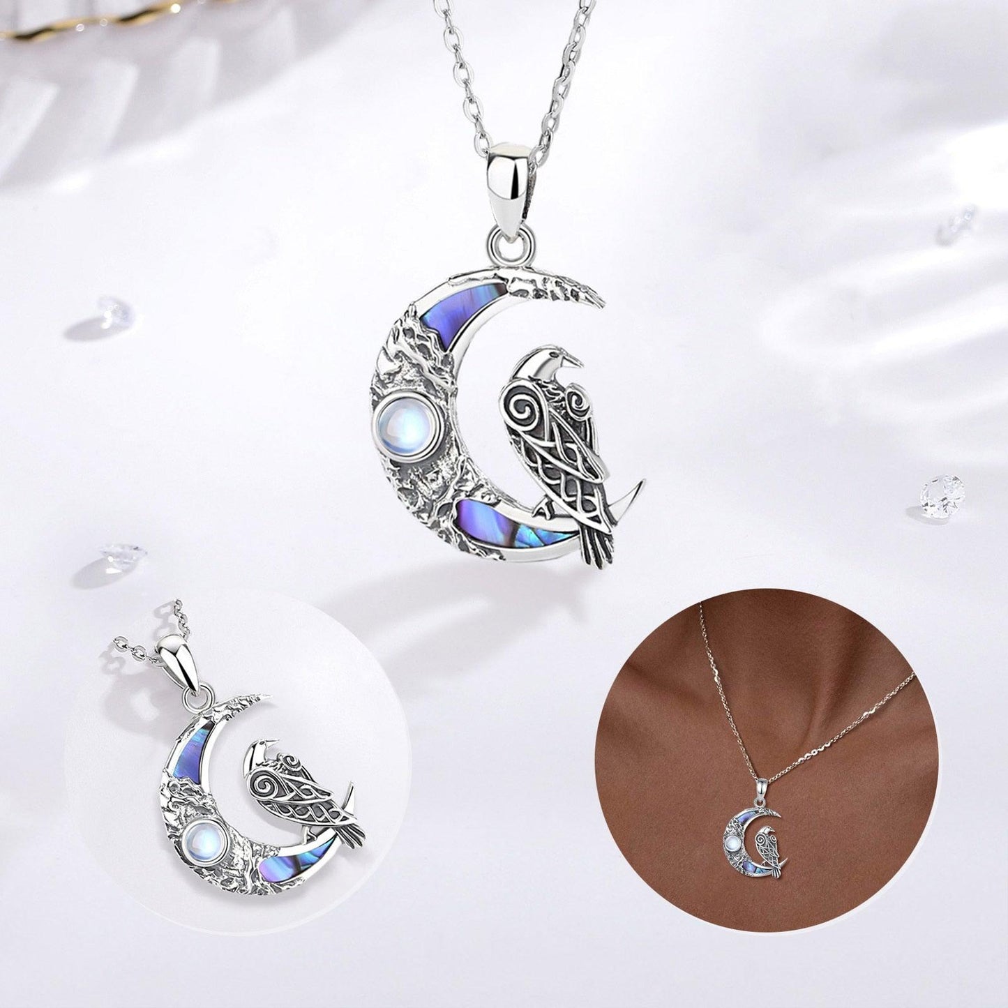Exquisite sterling silver Moonstone Raven Moon Necklace, 19x31mm, with iridescent abalone inlay.